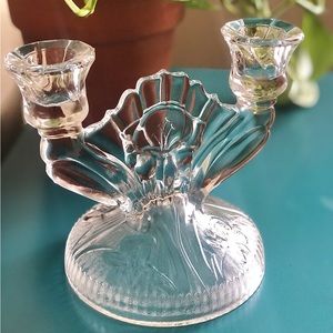 Vintage Jeanette Glass 2-arm Candle holder with Herringbone and Iris pattern